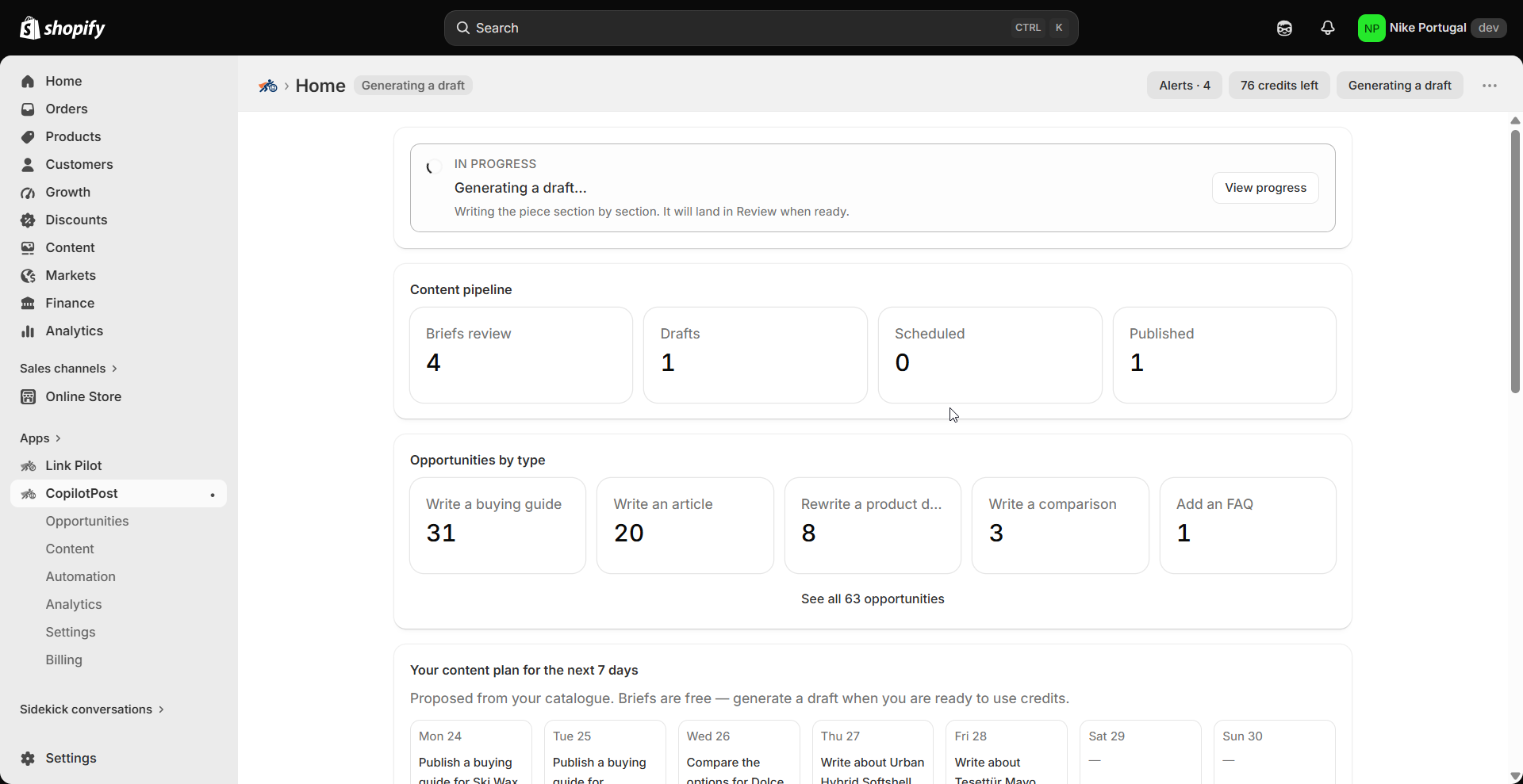 CopilotPost overview in Shopify Admin